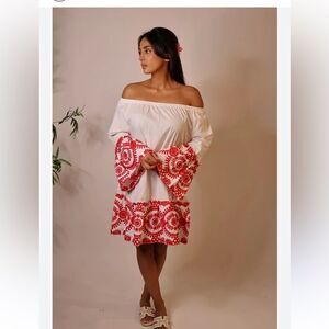 Boho Inspired White/Red Dress/Tunic   Embroidered bottom and sleeves Size Medium